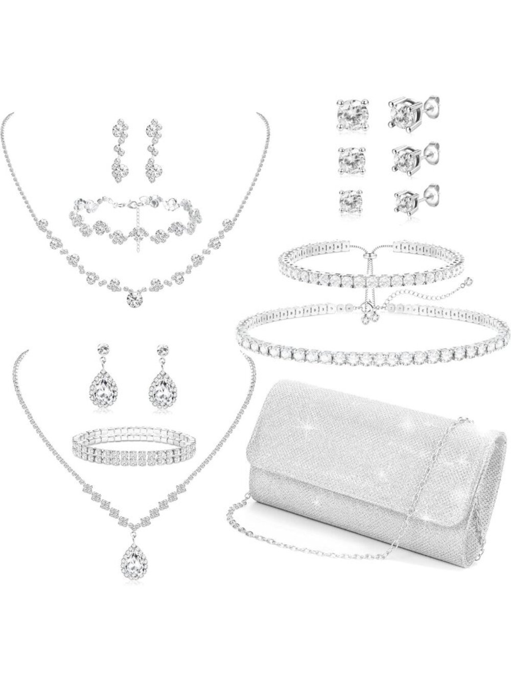 Elegant Silver Clutch Purse & Jewelry Set - Rhinestone Necklace, Earrings